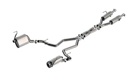 Borla S-Type Cat-Back Exhaust System, full system on a studio background: exploded stainless cat-back system with twin front resonators and two rear mufflers on split exits, on white