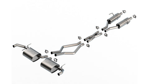 Borla S-Type Cat-Back Exhaust System, full system on a studio background: exploded stainless cat-back system with two rear mufflers, two front resonators and split rear exits, on white