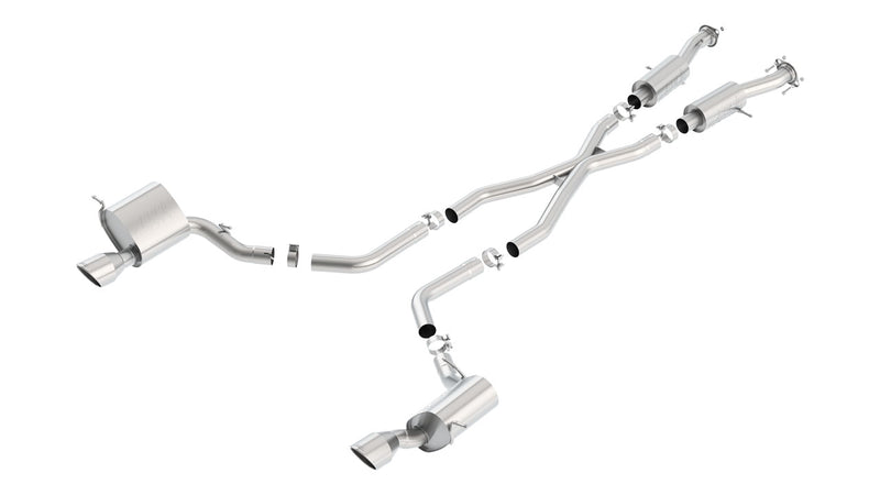 Borla S-Type Cat-Back Exhaust System, full system on a studio background: exploded stainless dual-exit cat-back system with an X-pipe, resonators, two rear mufflers and polished tips, on white