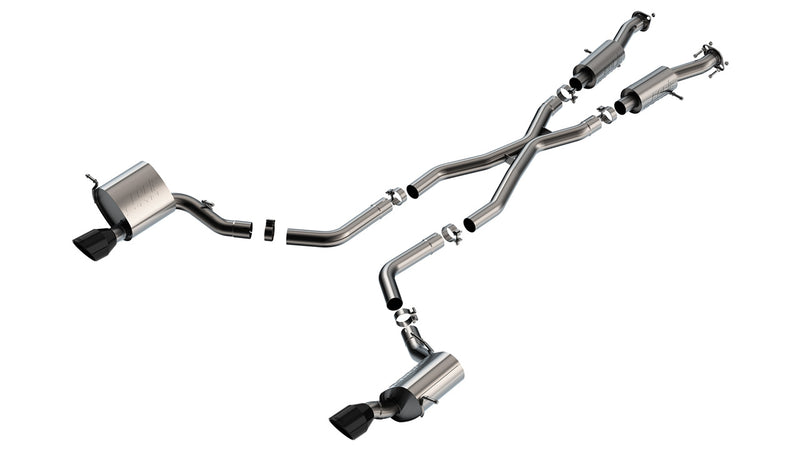 Borla S-Type Cat-Back Exhaust System, full system on a studio background: exploded stainless dual-exit cat-back system with an X-pipe, resonators, two rear mufflers and dark finish tips, on white