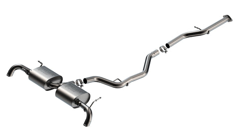 Borla S-Type Cat-Back Exhaust System, full system on a studio background: exploded studio view of a dual-exit stainless cat-back with two rear mufflers, long intermediate pipes, clamps and turndown outlets on white