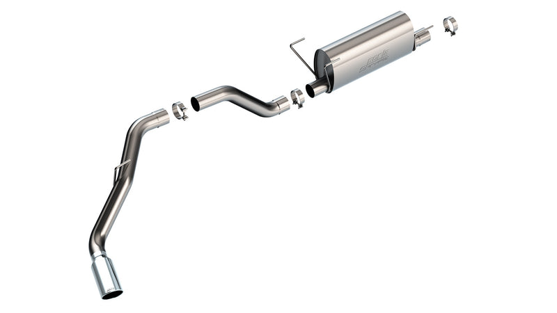 Borla S-Type Cat-Back Exhaust System, full system on a studio background: single side-exit stainless cat-back with one muffler, bent tailpipe, clamps and a polished tip on white
