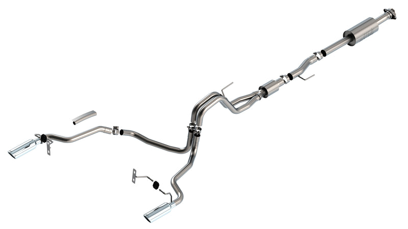 Borla S-Type Cat-Back Exhaust System, full system on a studio background: studio render of a stainless cat-back exhaust with split rear pipes and two polished tips on white