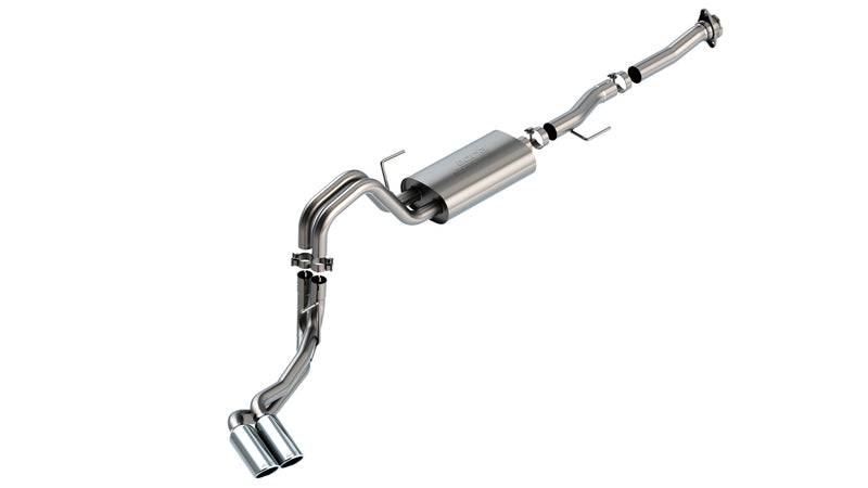 Borla S-Type Cat-Back Exhaust System, full system on a studio background: studio render of a stainless cat-back exhaust with one muffler and twin polished tips exiting on one side