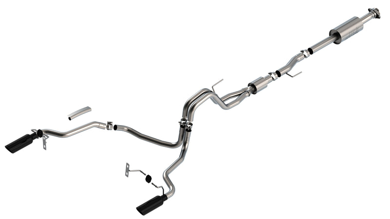 Borla S-Type Cat-Back Exhaust System, full system on a studio background: studio render of a stainless cat-back exhaust with split rear pipes and two black chrome tips on white