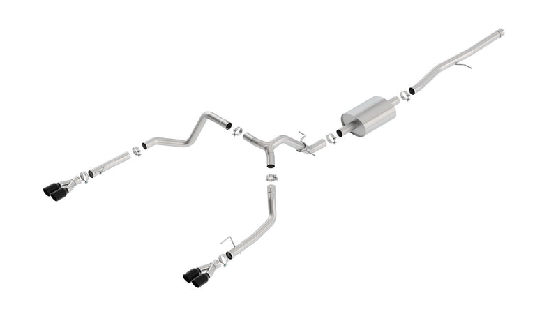 Borla S-Type Cat-Back Exhaust System, full system on a studio background: studio render of a stainless dual split rear exit cat-back exhaust with a single muffler and black tips on a white background
