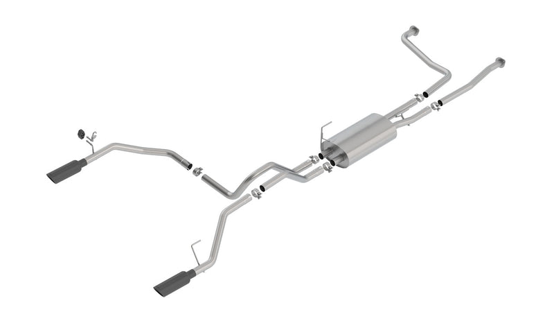 Borla S-Type Cat-Back Exhaust System, full system on a studio background: studio render of a stainless dual split rear exit cat-back exhaust with one muffler and black angle-cut tips on a white background