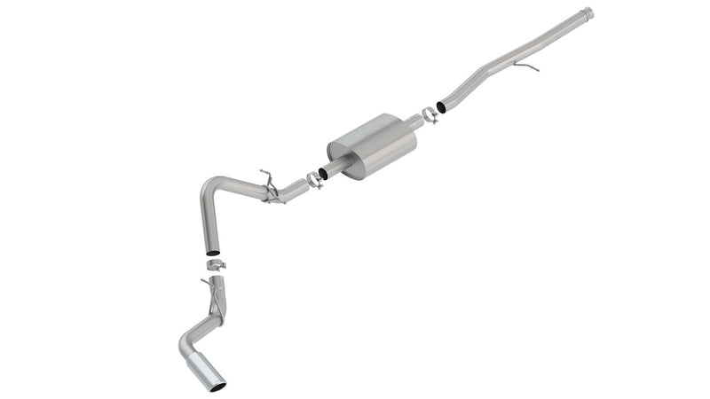 Borla S-Type Cat-Back Exhaust System, full system on a studio background: studio render of a stainless single exit cat-back exhaust with one muffler and a polished tip on a white background