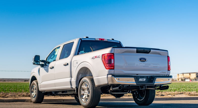 Borla S-Type Cat-Back Exhaust System on a Ford F-150: white F-150 SuperCrew rear three-quarter in a field with Borla plate and dual tips