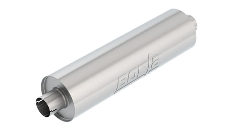 Borla S-Type Long Body Muffler, whole part on a studio background: A brushed stainless round universal muffler with one inlet and one outlet, white background