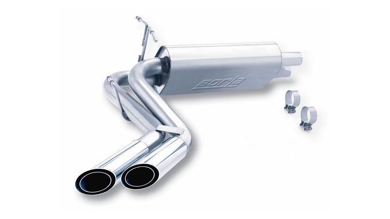 Borla Touring Cat-Back Exhaust System, full system on a studio background: Borla muffler with a tailpipe ending in two polished round tips and two clamps on white