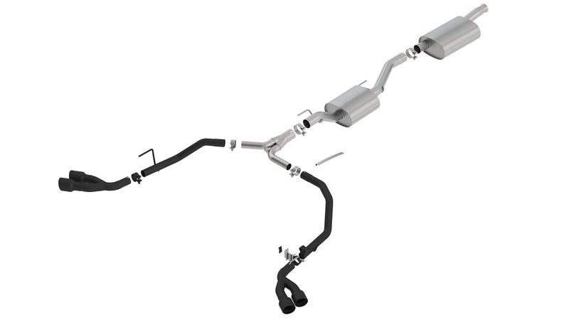 Borla Touring Cat-Back Exhaust System, full system on a studio background: cat-back exhaust on white with two stainless mufflers, a Y-split and black-coated tailpipes ending in paired black tips