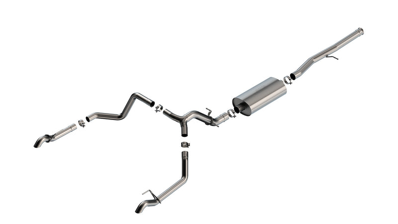 Borla Touring Cat-Back Exhaust System, full system on a studio background: exploded stainless cat-back exhaust system with one muffler, a Y-pipe splitting into two tailpipes and polished tips on white