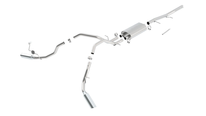 Borla Touring Cat-Back Exhaust System, full system on a studio background: exploded studio render of a stainless dual split rear exit cat-back with one muffler and two polished tips