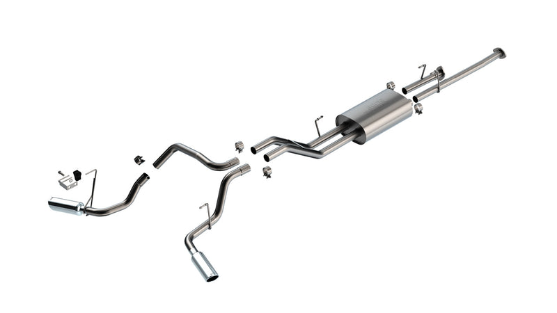 Borla Touring Cat-Back Exhaust System, full system on a studio background: exploded studio render of a stainless dual split rear exit cat-back with one muffler and two polished tips