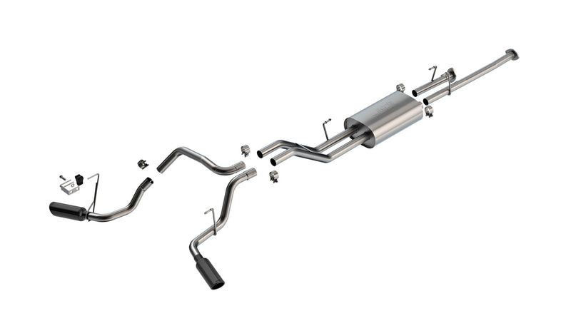Borla Touring Cat-Back Exhaust System, full system on a studio background: exploded studio render of a stainless dual split rear exit cat-back with one muffler and two black chrome tips