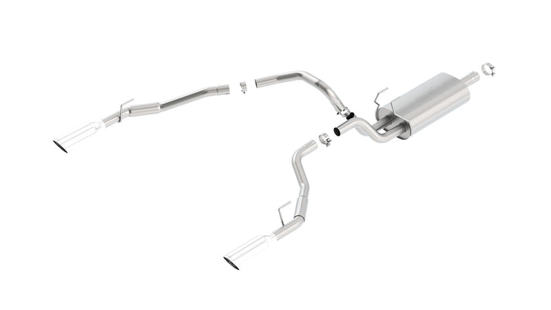 Borla Touring Cat-Back Exhaust System, full system on a studio background: exploded studio view of a stainless cat-back exhaust with one muffler and dual split rear polished tips on white