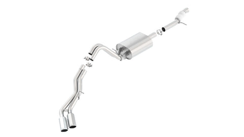 Borla Touring Cat-Back Exhaust System, full system on a studio background: exploded studio view of a stainless cat-back exhaust with one muffler and dual same-side polished tips on white