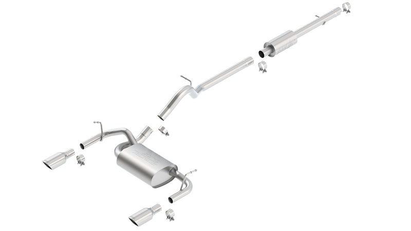 Borla Touring Cat-Back Exhaust System, full system on a studio background: exploded studio view of a stainless cat-back exhaust with a center muffler, resonator and dual split rear polished tips on white