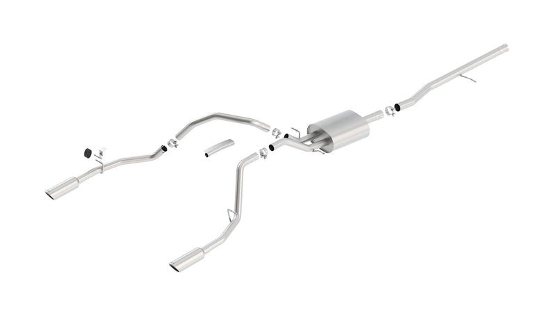 Borla Touring Cat-Back Exhaust System, full system on a studio background: exploded studio view of a stainless cat-back exhaust with one muffler and dual split rear polished tips on white