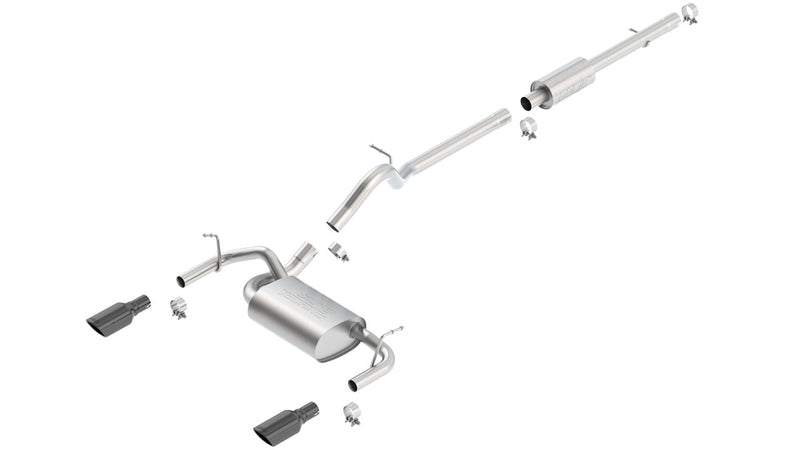 Borla Touring Cat-Back Exhaust System, full system on a studio background: exploded studio view of a stainless cat-back exhaust with a center muffler, resonator and dual split rear black chrome tips on white