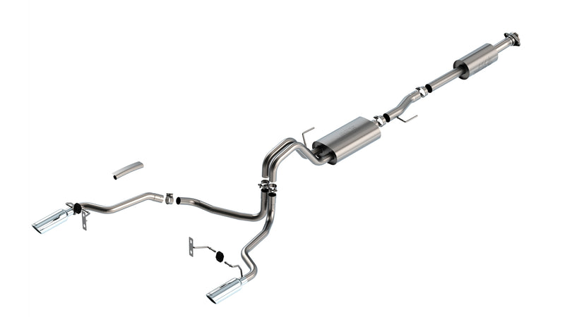 Borla Touring Cat-Back Exhaust System, full system on a studio background: stainless dual-exit cat-back exhaust on white with two mufflers and two polished tips