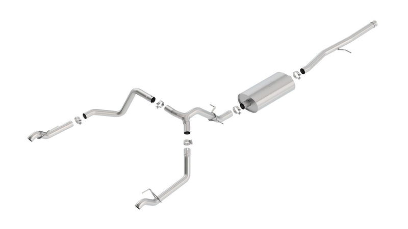 Borla Touring Cat-Back Exhaust System, full system on a studio background: stainless dual rear-exit cat-back exhaust on white with one muffler, a Y-split and two polished tips