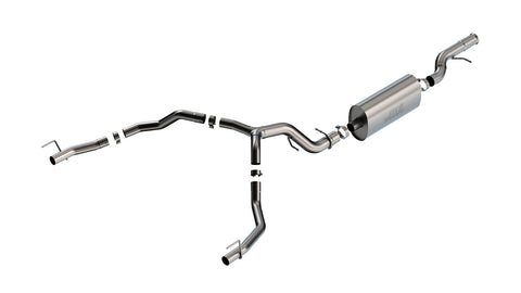 Borla Touring Cat-Back Exhaust System, full system on a studio background: stainless dual rear-exit cat-back exhaust on white with one muffler, a Y-split and two polished tips