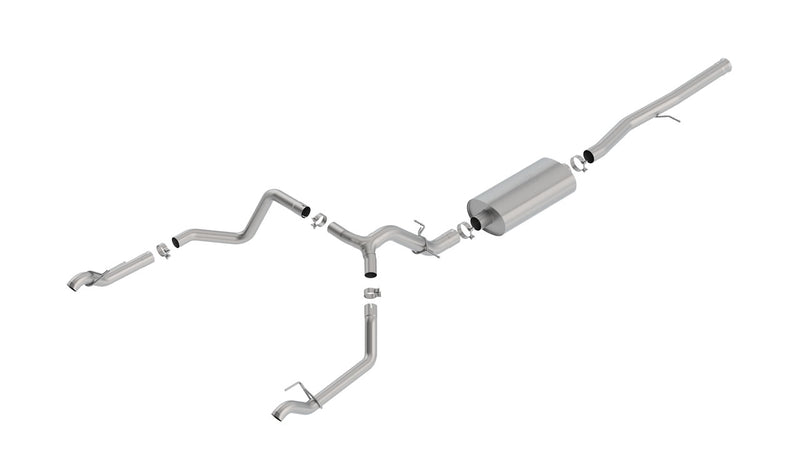 Borla Touring Cat-Back Exhaust System, full system on a studio background: stainless dual rear-exit cat-back exhaust on white with one muffler, a Y-split and two polished tips