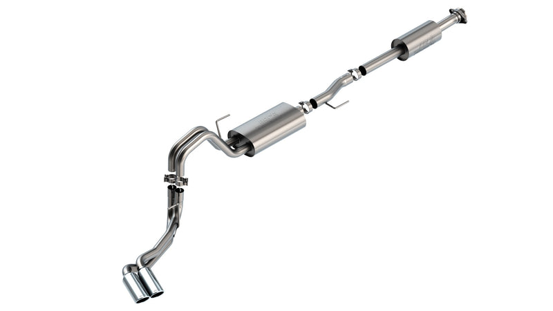 Borla Touring Cat-Back Exhaust System, full system on a studio background: stainless side-exit cat-back exhaust on white with two mufflers and a tailpipe ending in paired polished tips