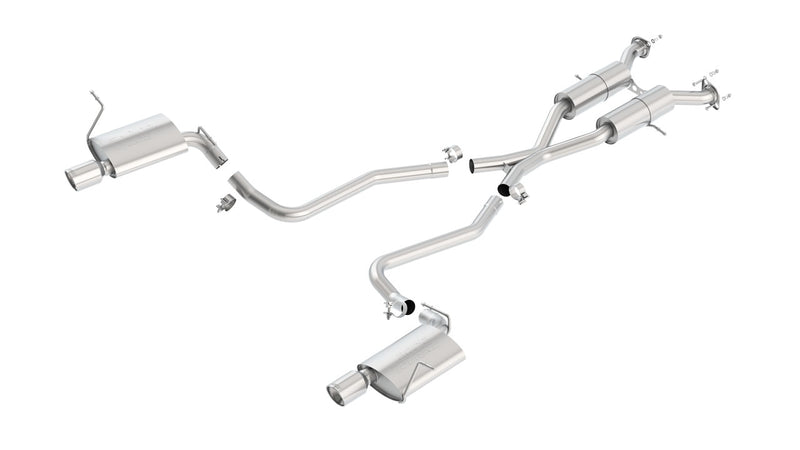 Borla Touring Cat-Back Exhaust System, full system on a studio background: studio layout of a dual-exit stainless cat-back exhaust with mufflers, crossover pipes and two polished tips on white