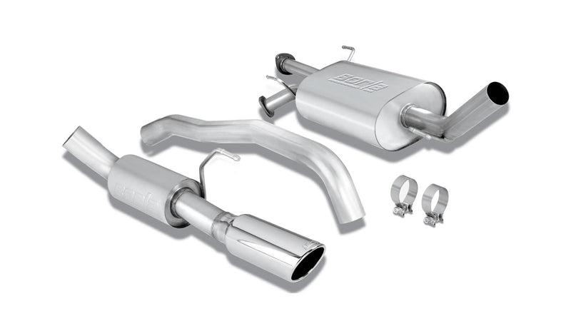Borla Touring Cat-Back Exhaust System, full system on a studio background: studio layout of a stainless cat-back with two mufflers, pipes, two clamps and one polished angle-cut tip