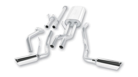 Borla Touring Cat-Back Exhaust System, full system on a studio background: studio layout of a stainless dual exit cat-back with one oval muffler, twin pipes and two polished angle-cut tips