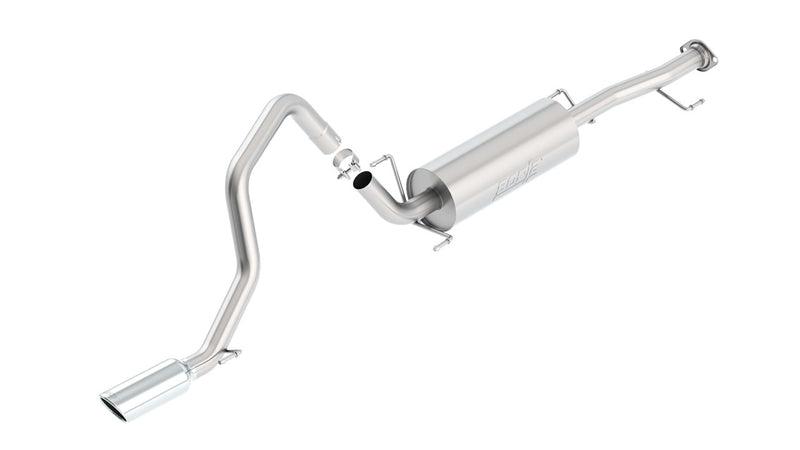 Borla Cat-Back Exhaust System, representative image, whole system on a studio background: single-exit stainless cat-back with one muffler, a bent tailpipe and one polished tip on white