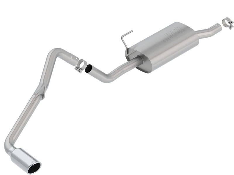 Borla Cat-Back Exhaust System, representative image, whole system on a studio background: single side-exit stainless cat-back with one muffler, bent tailpipe and a polished tip on white