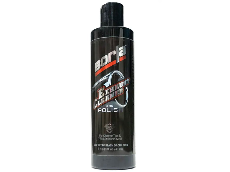 Borla Exhaust Cleaner and Polish, representative image: black Borla bottle labeled Exhaust Cleaner and Polish for chrome tips and T-304 stainless steel, on white; packaging for this part number may differ