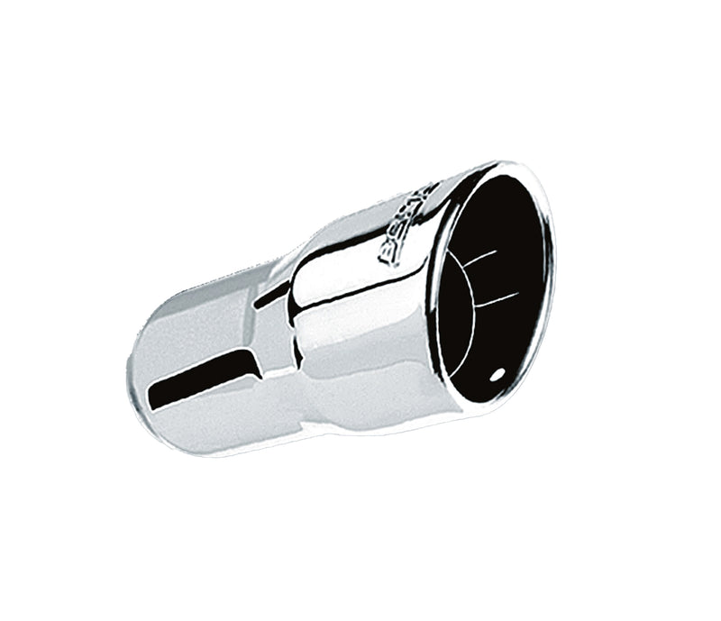 Borla Single Round Rolled Angle-Cut Intercooled Exhaust Tip, whole part on a studio background: a polished stainless round tip with a rolled angle-cut outlet, a slotted inlet and an etched Borla logo, on white