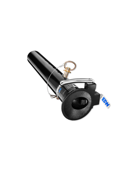 B&W Defender locking gooseneck coupler, black cylindrical body with a stainless handle, a tethered brass pin and the funnel-shaped ball socket facing the camera