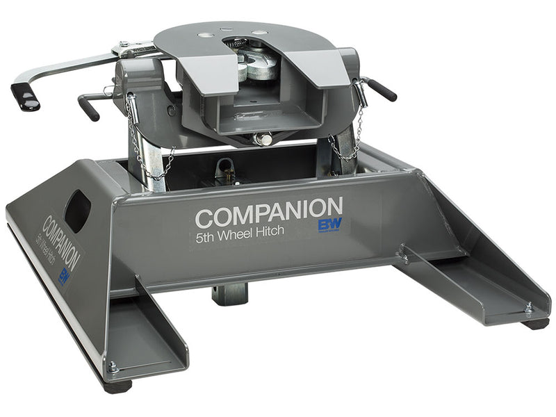 B&W Companion single-point fifth wheel hitch, studio view with the COMPANION decal