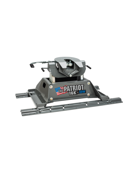 B&W RVK3200 patriot 16k rail-mounted fifth wheel hitch on a plain background, shown on its base, with the coupler set on the arms and both release handles in view