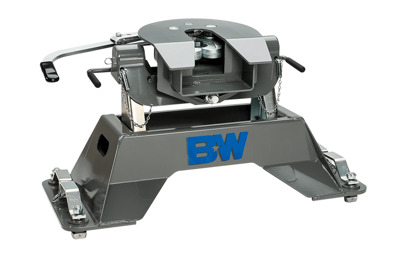B&W Companion puck-mount fifth wheel hitch, second studio angle showing the coupler face, the release handles and the base legs. B&W uses one render across this group, so the photograph does not show which tow rating or truck platform this part number is