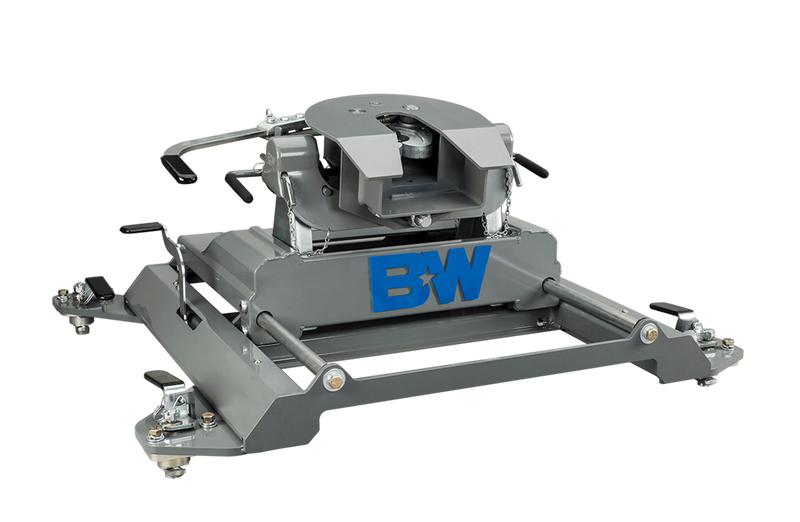B&W RVK3670 companion 20k slider fifth wheel hitch for ram pucks, second studio angle showing the coupler face, the release handles and the slide rails