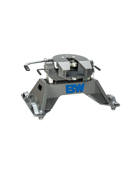 B&W Companion puck-mount fifth wheel hitch on a plain background, on its fixed base, coupler set on the arms and both release handles in view. B&W uses one studio render across this group, so the photograph does not show which tow rating or truck platform this part number is