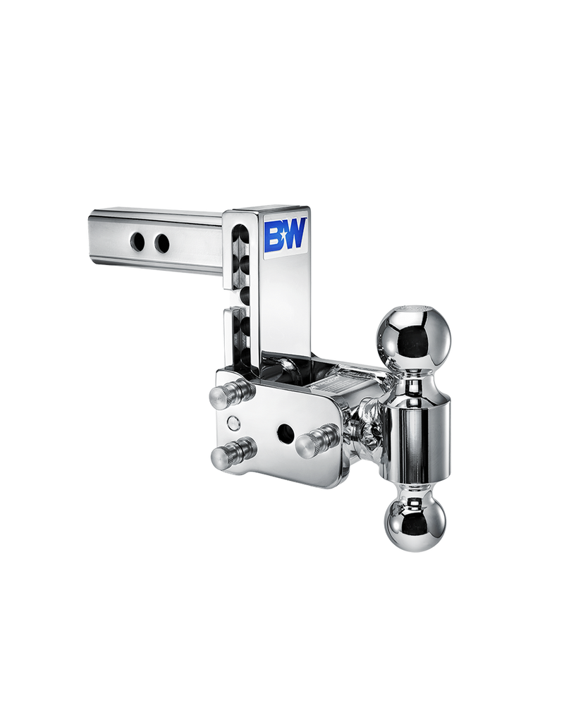 B&W Tow & Stow chrome plated adjustable ball mount TS10037C with a 2" shank, 5" drop and two chrome balls on the swing arm