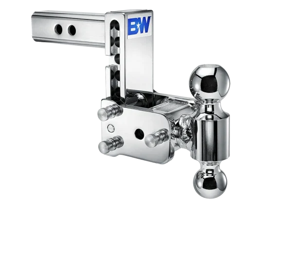 Angled view of the B&W Tow & Stow TS10037C showing the adjustment holes in the shank, the stainless pins and the rotating ball arm