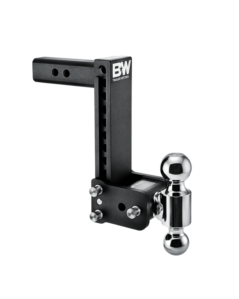 B&W Tow & Stow black powder coated adjustable ball mount TS10043B with a 2" shank, 9" drop and two chrome balls on the swing arm