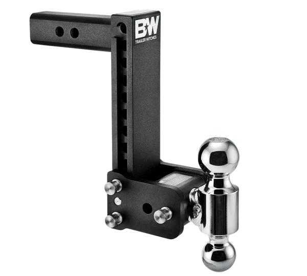 Angled view of the B&W Tow & Stow TS10043B showing the adjustment holes in the shank, the stainless pins and the rotating ball arm