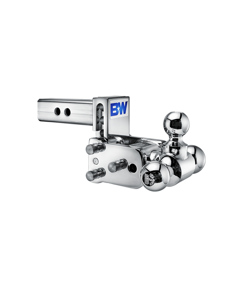 B&W Tow & Stow chrome plated adjustable ball mount TS10047C with a 2" shank, 3" drop and three chrome balls on the swing arm