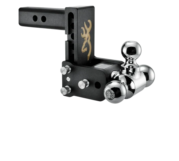 Angled view of the B&W Tow & Stow TS10048BB showing the adjustment holes in the shank, the stainless pins and the rotating ball arm