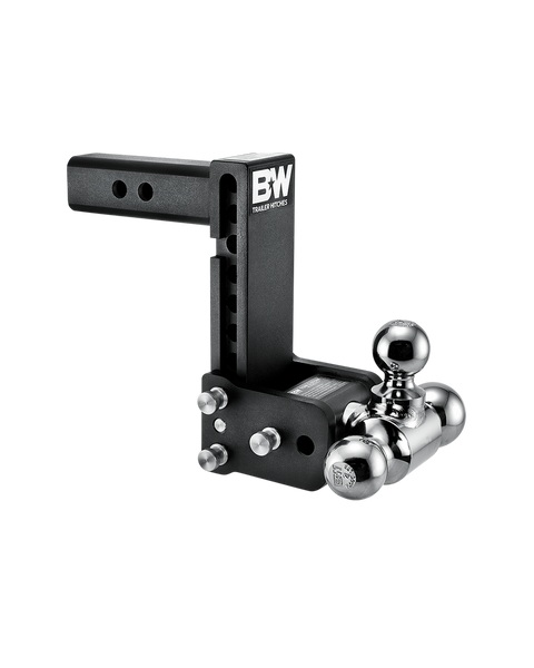 B&W Tow & Stow black powder coated adjustable ball mount TS10049B with a 2" shank, 7" drop and three chrome balls on the swing arm